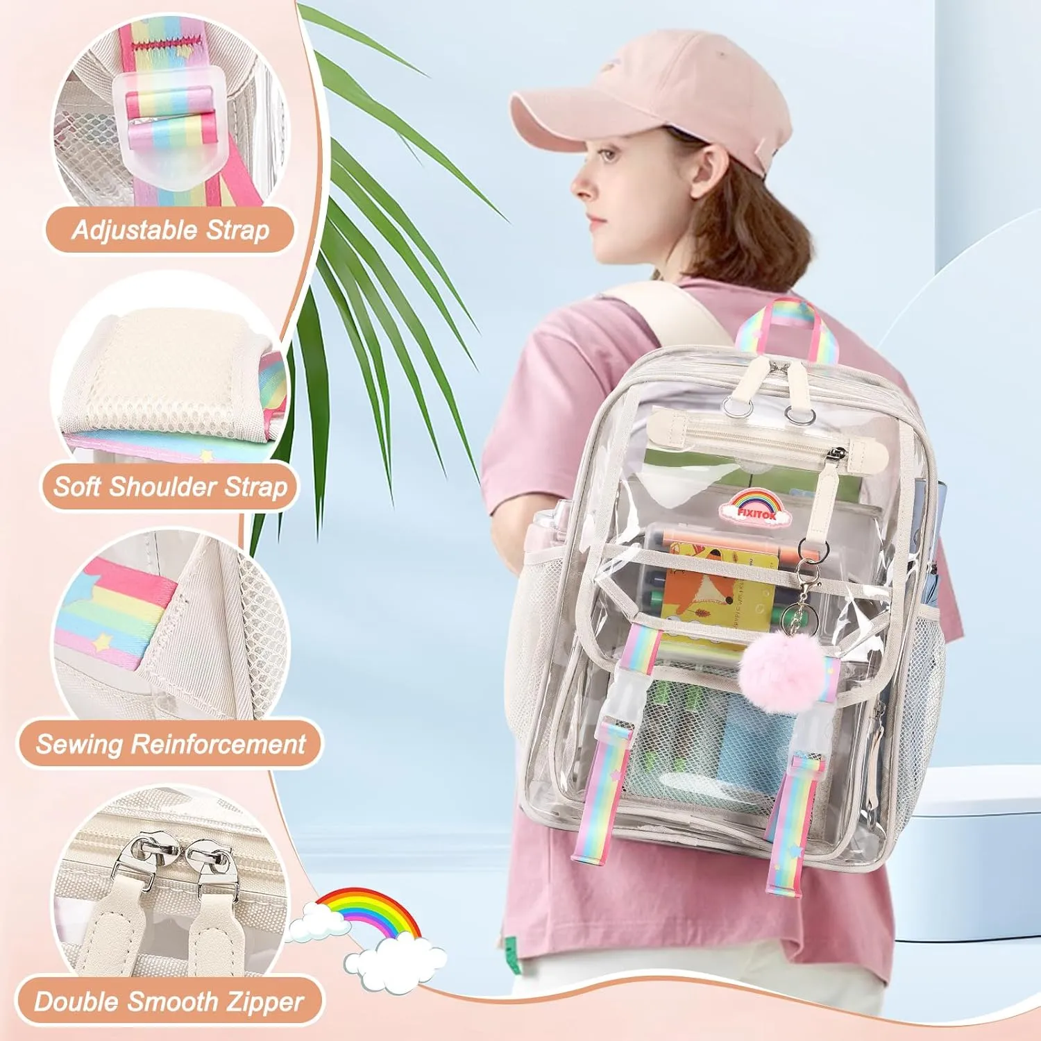 Girls Clear Backpack with Lunch Bag, Rainbow Cute Clear Bookbag Heavy Duty Stadium Approved Transparent See Through Backpack for Kids Teens Elementary Middle High School Beigo
