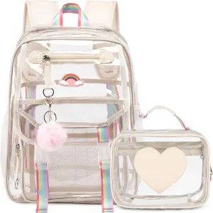 Girls Clear Backpack with Lunch Bag, Rainbow Cute Clear Bookbag Heavy Duty Stadium Approved Transparent See Through Backpack for Kids Teens Elementary Middle High School Beigo