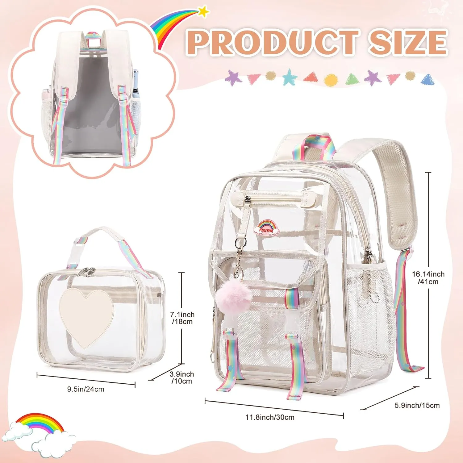 Girls Clear Backpack with Lunch Bag, Rainbow Cute Clear Bookbag Heavy Duty Stadium Approved Transparent See Through Backpack for Kids Teens Elementary Middle High School Beigo