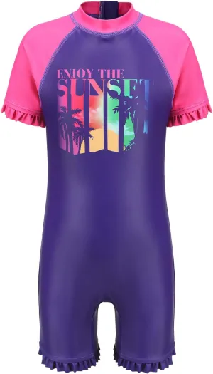 Girls One Piece Rash Guard Swimsuits for Kids UPF 50  Sun Protection Short Sleeve Swim Shirt