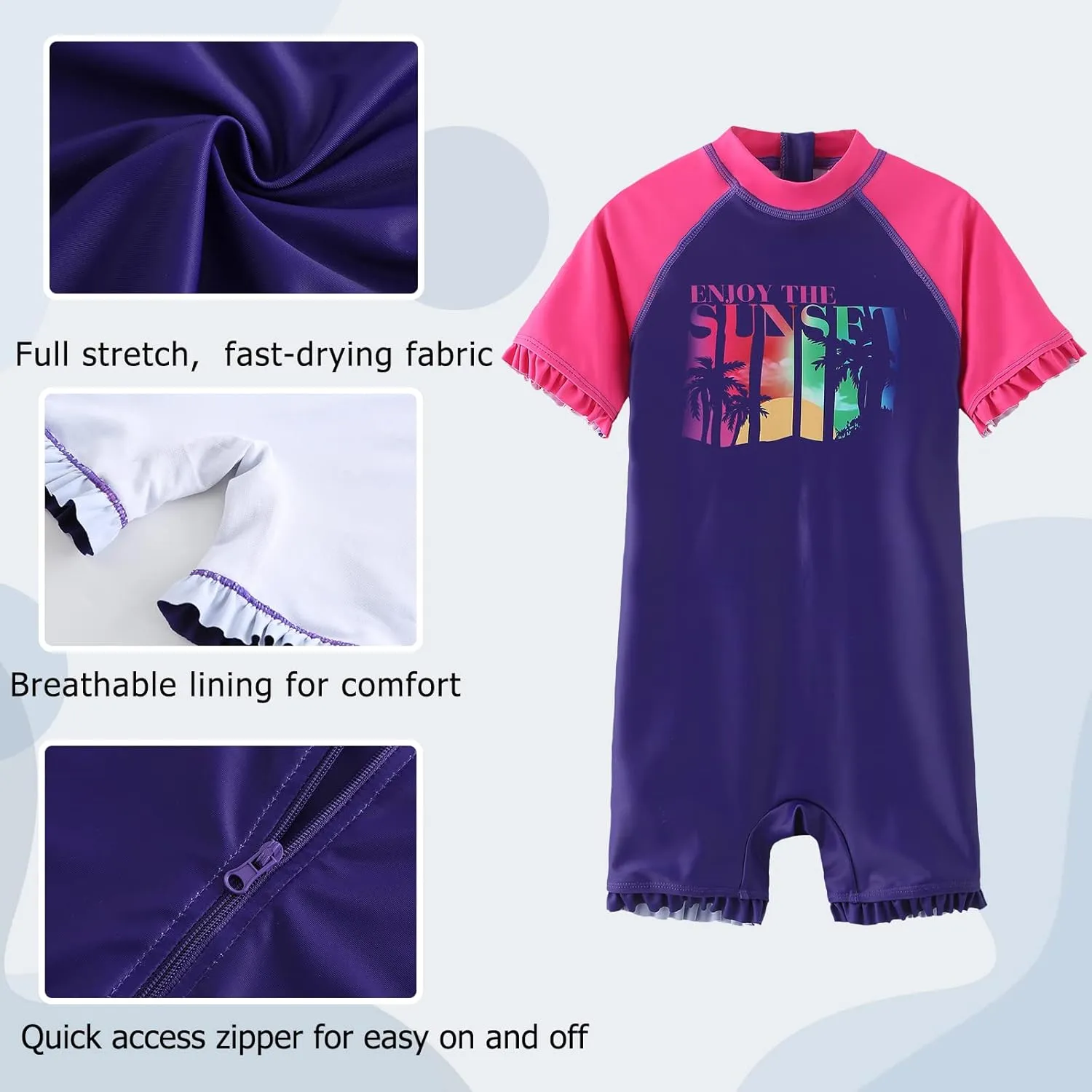 Girls One Piece Rash Guard Swimsuits for Kids UPF 50  Sun Protection Short Sleeve Swim Shirt