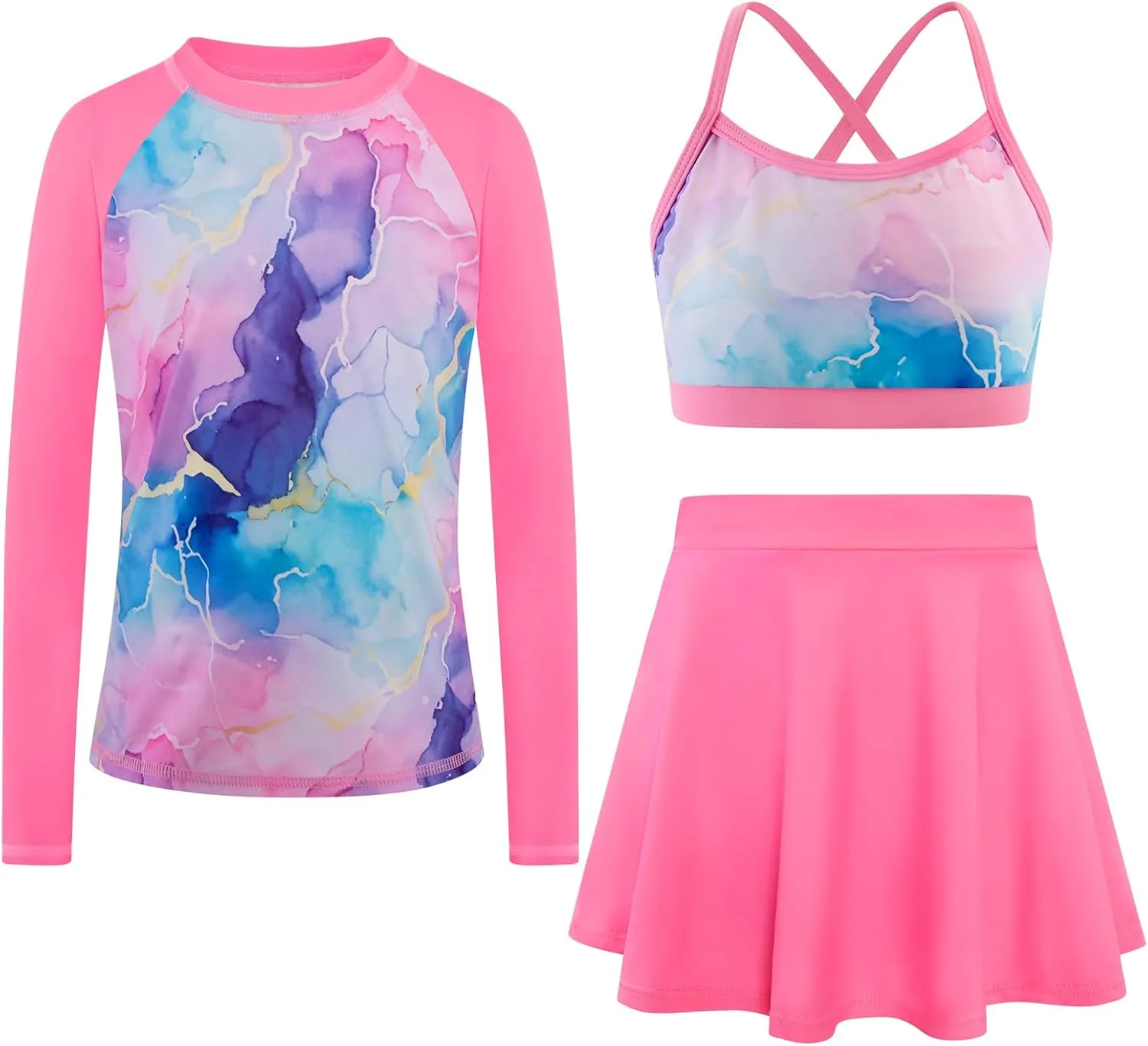 Girls Swimsuit Long Sleeve Swim Shirt 3 Piece Rash Guard for Girls Bathing Suit with Boyshorts