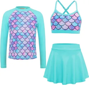 Girls Swimsuit Long Sleeve Swim Shirt 3 Piece Rash Guard for Girls Bathing Suit with Boyshorts
