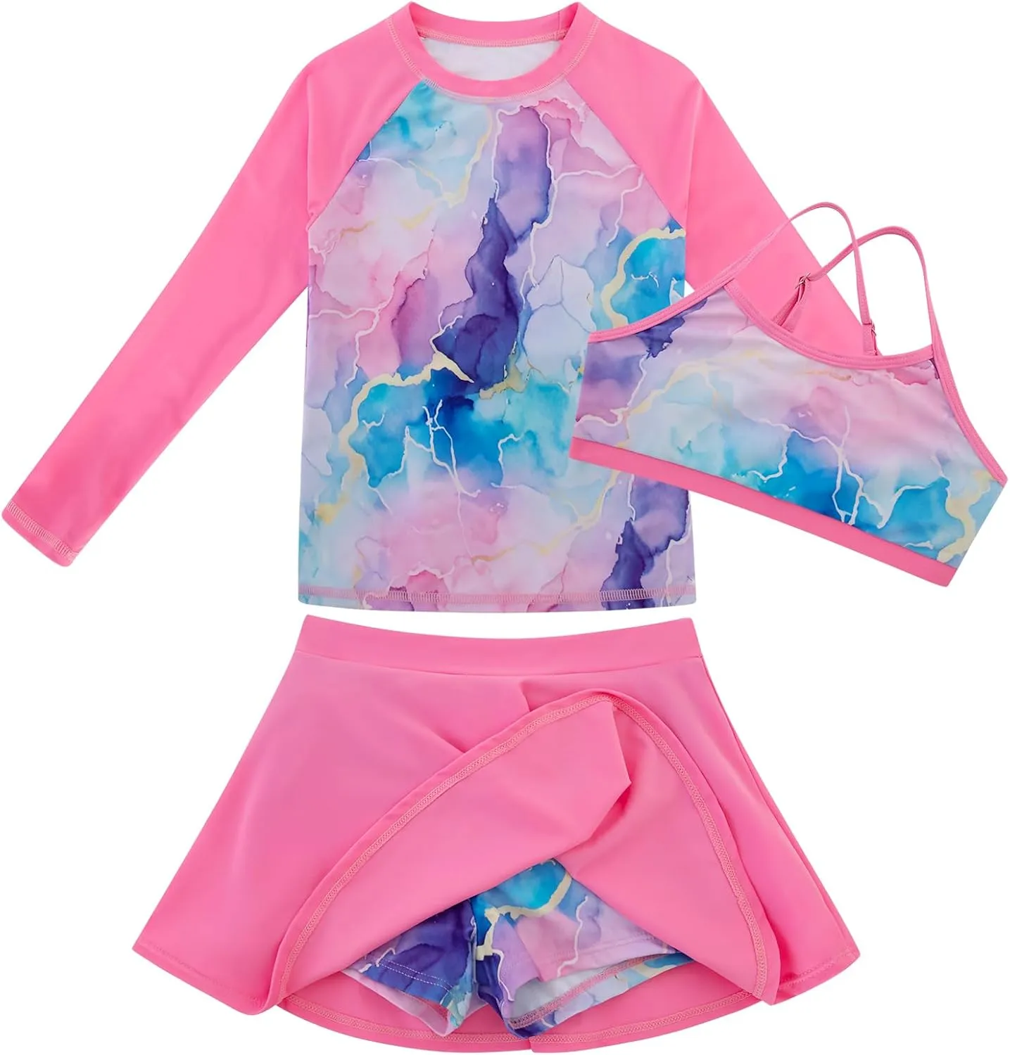Girls Swimsuit Long Sleeve Swim Shirt 3 Piece Rash Guard for Girls Bathing Suit with Boyshorts