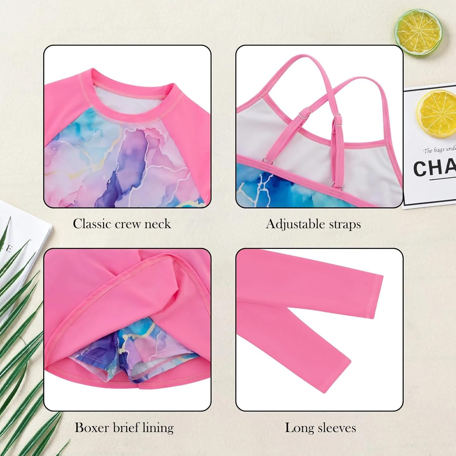 Girls Swimsuit Long Sleeve Swim Shirt 3 Piece Rash Guard for Girls Bathing Suit with Boyshorts