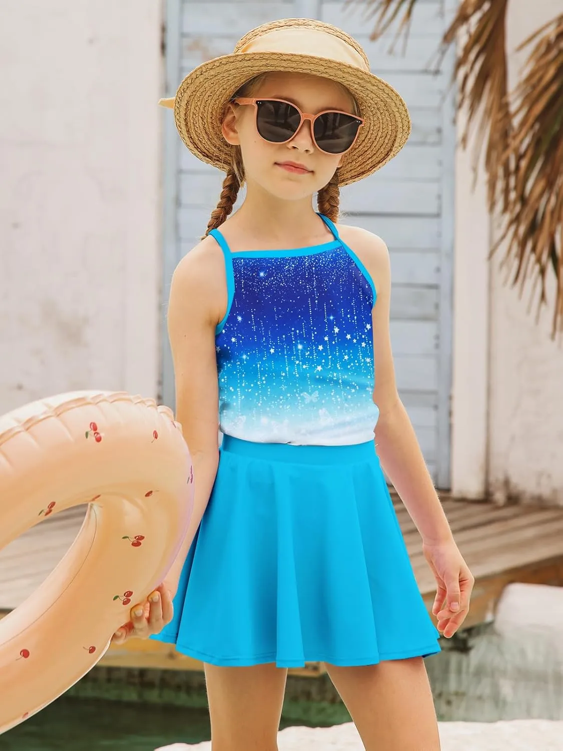Girls Tankini Swimsuit Mermaid Bathing Suits Criss-Cross Strap Adjustable Summer Beach Two Piece Swimwear Size 4-12