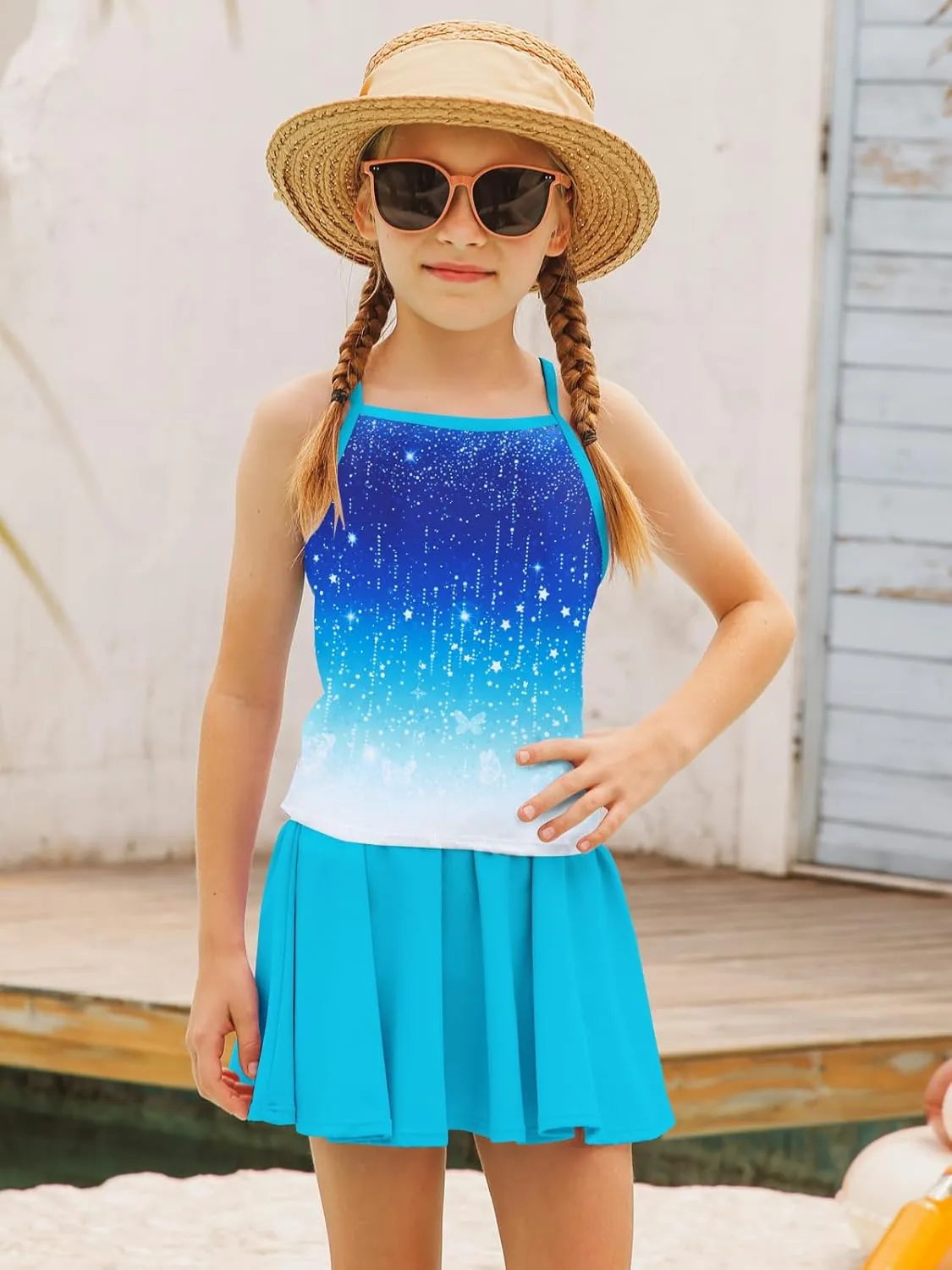 Girls Tankini Swimsuit Mermaid Bathing Suits Criss-Cross Strap Adjustable Summer Beach Two Piece Swimwear Size 4-12