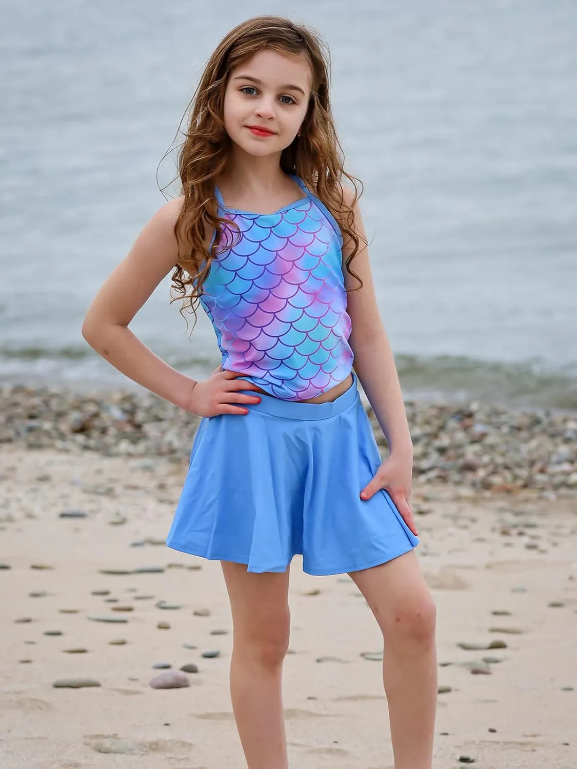 Girls Tankini Swimsuit Two Piece Bathing Suit with Adjustable Strap 3-13 Years