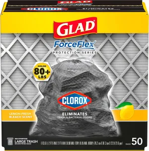 Glad ForceFlex with Clorox Trash Bags, Lemon Fresh Bleach Scent, 30 Gal, 50 Ct, Pack May Vary