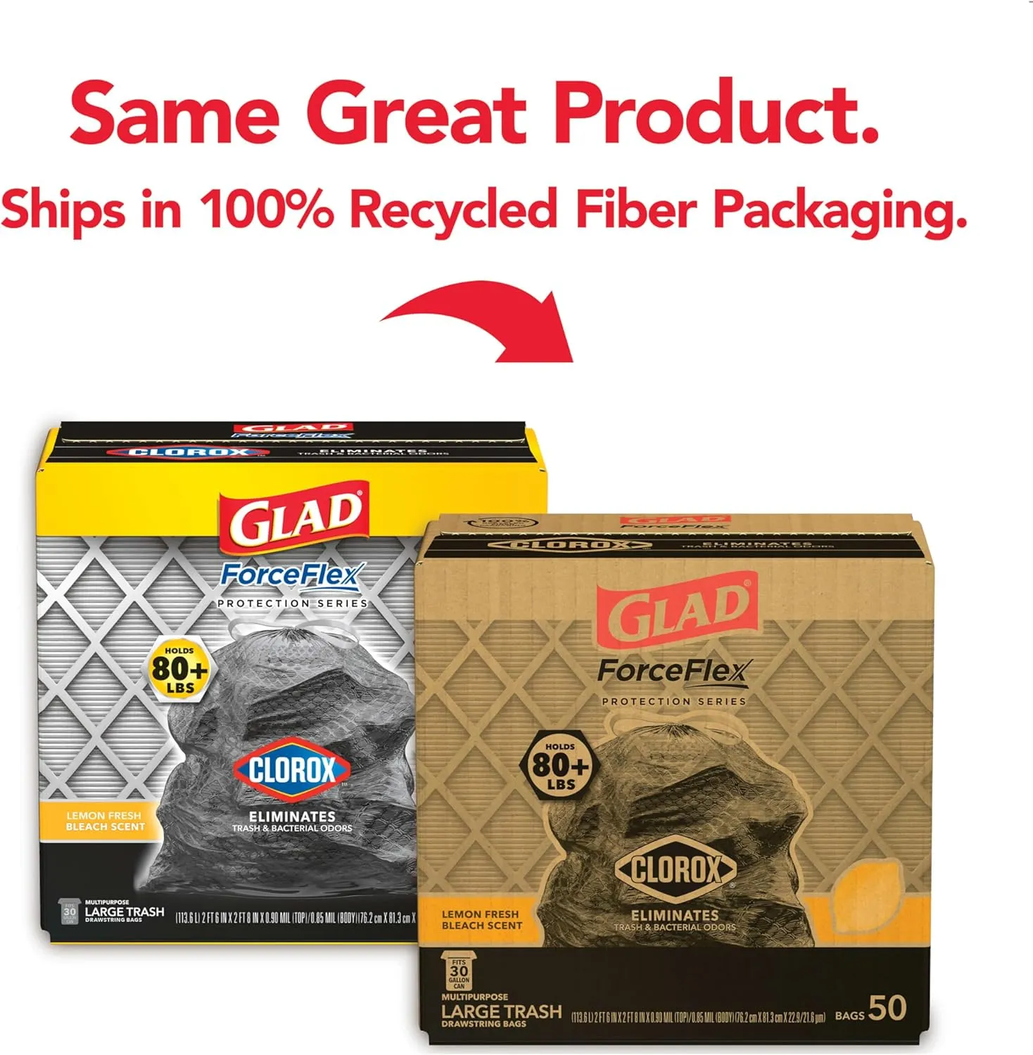 Glad ForceFlex with Clorox Trash Bags, Lemon Fresh Bleach Scent, 30 Gal, 50 Ct, Pack May Vary