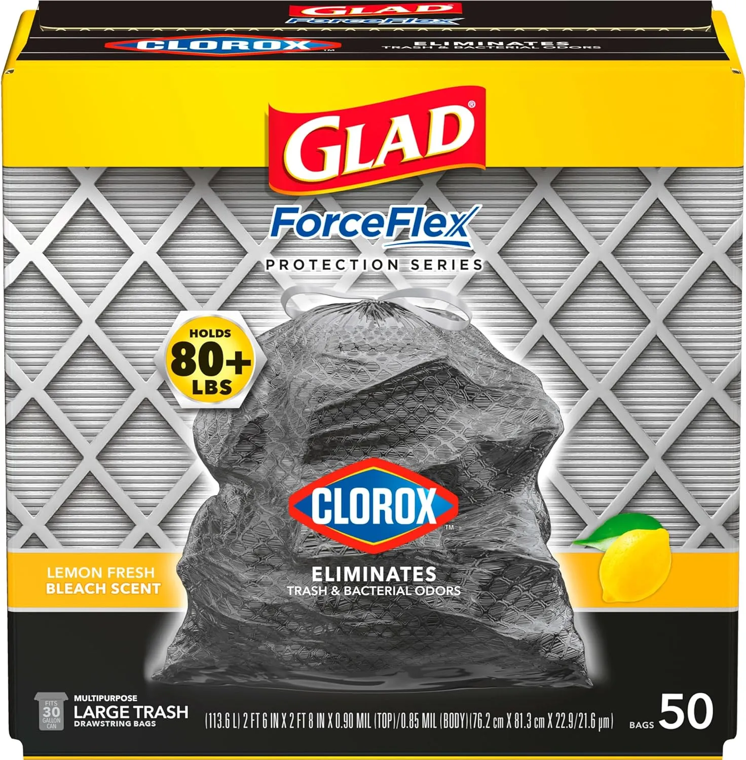 Glad ForceFlex with Clorox Trash Bags, Lemon Fresh Bleach Scent, 30 Gal, 50 Ct, Pack May Vary