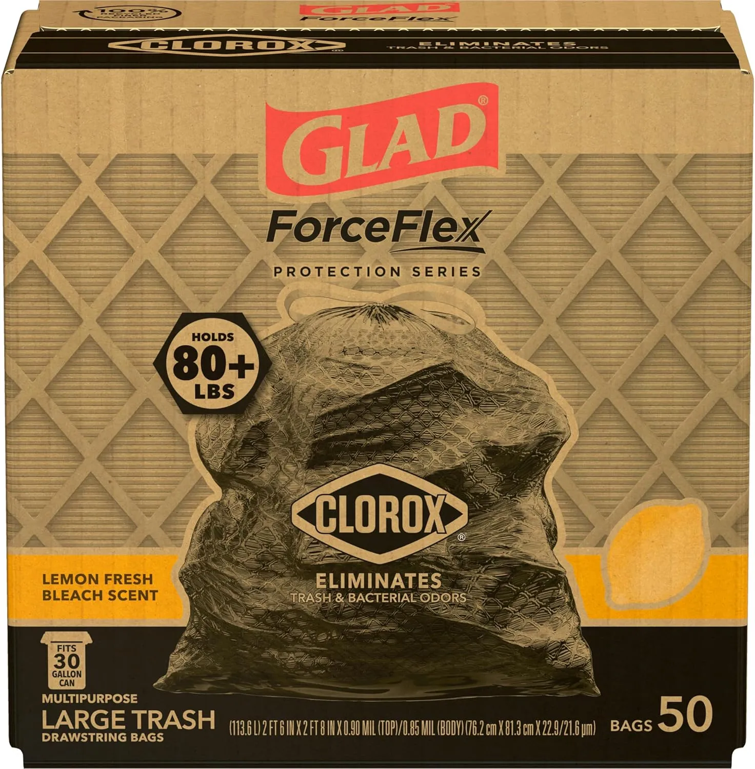 Glad ForceFlex with Clorox Trash Bags, Lemon Fresh Bleach Scent, 30 Gal, 50 Ct, Pack May Vary