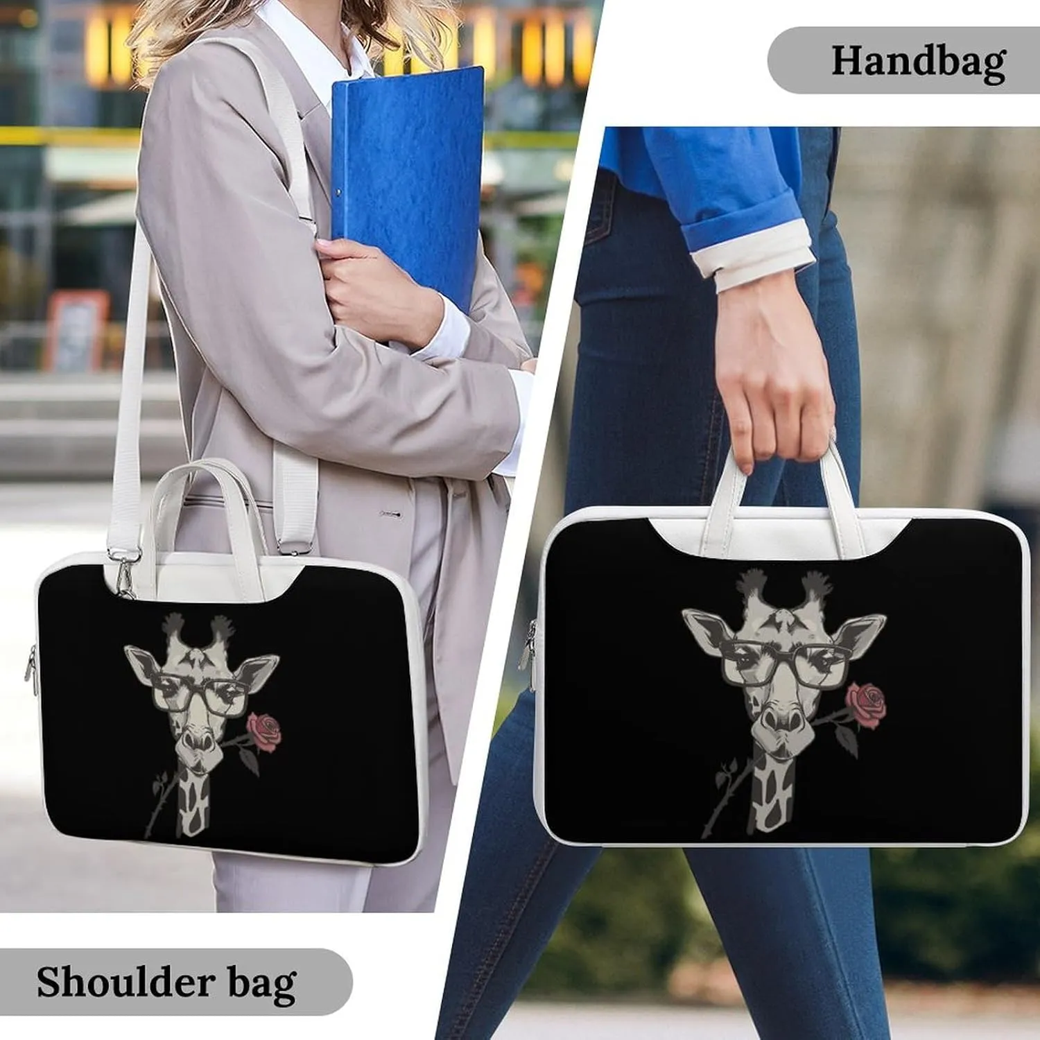 Glasses Giraffe Bite Rose Laptop Sleeve Bag Protective Case Handbag With Shoulder Strap for Computer 10-17 Inch