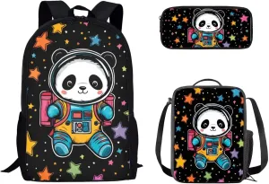 GLENLCWE Astronaut Panda Backpack for Kids School Daypack Cute Backpacks with Lunch Box & Pencil Case Lightweight, 3Piece