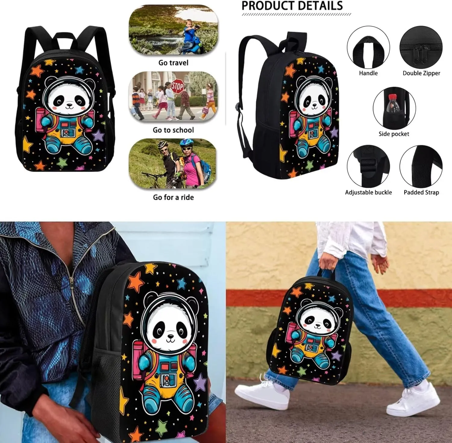 GLENLCWE Astronaut Panda Backpack for Kids School Daypack Cute Backpacks with Lunch Box & Pencil Case Lightweight, 3Piece