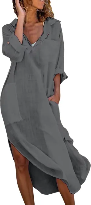GOKKILRW Womens Cotton Linen Maxi Dresses Casual Loose Flowy V Neck Long Sleeve Side Slit A Line Beach Long Dress Coverups