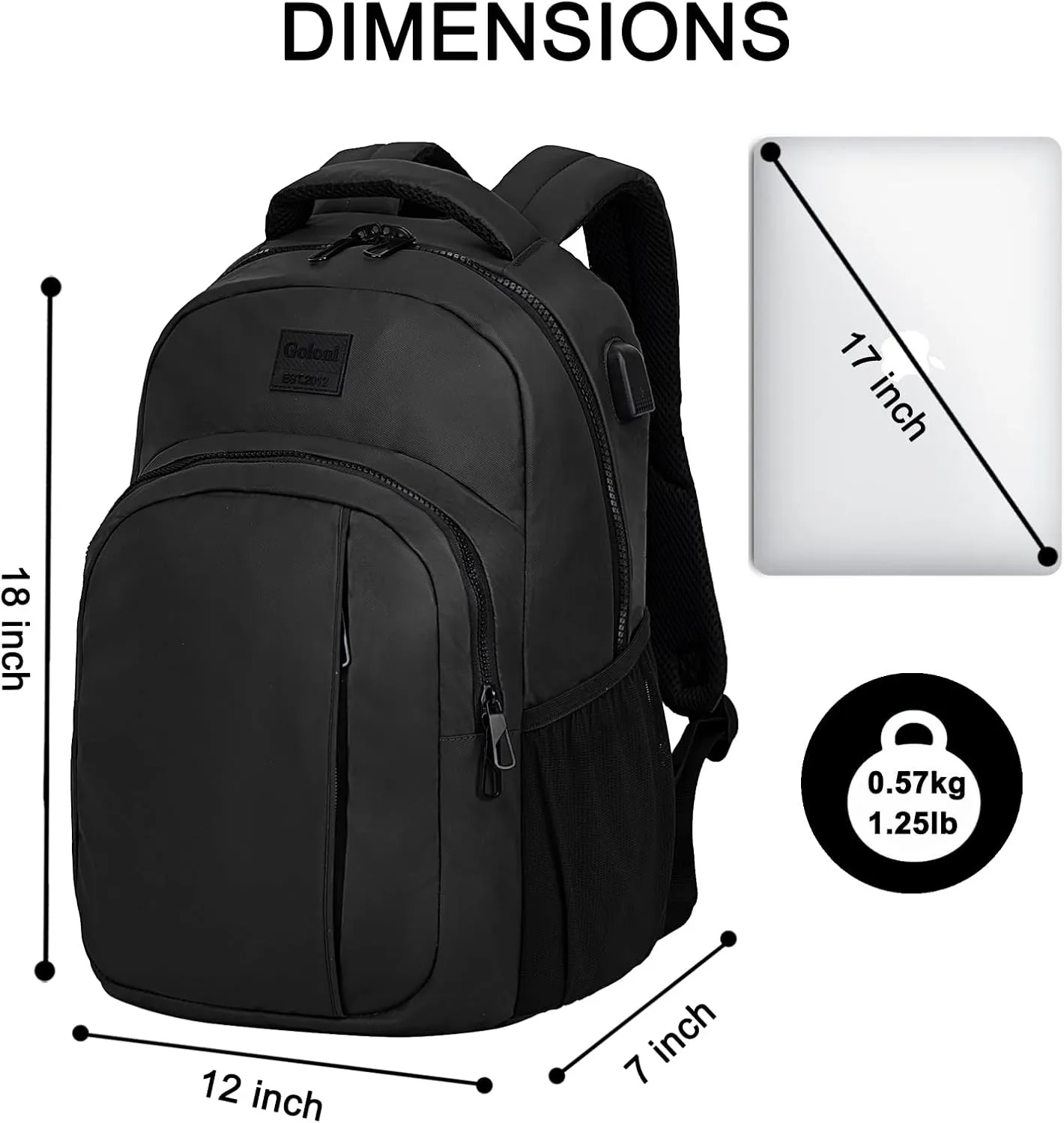 Goloni 15.6 Travel Laptop Backpack with USB Charging Port, Men Man Women Back Pack,Work,Casual College,High Schol Book Bag for Teens Lightweight Waterproof Casual Notebook Bag,Black