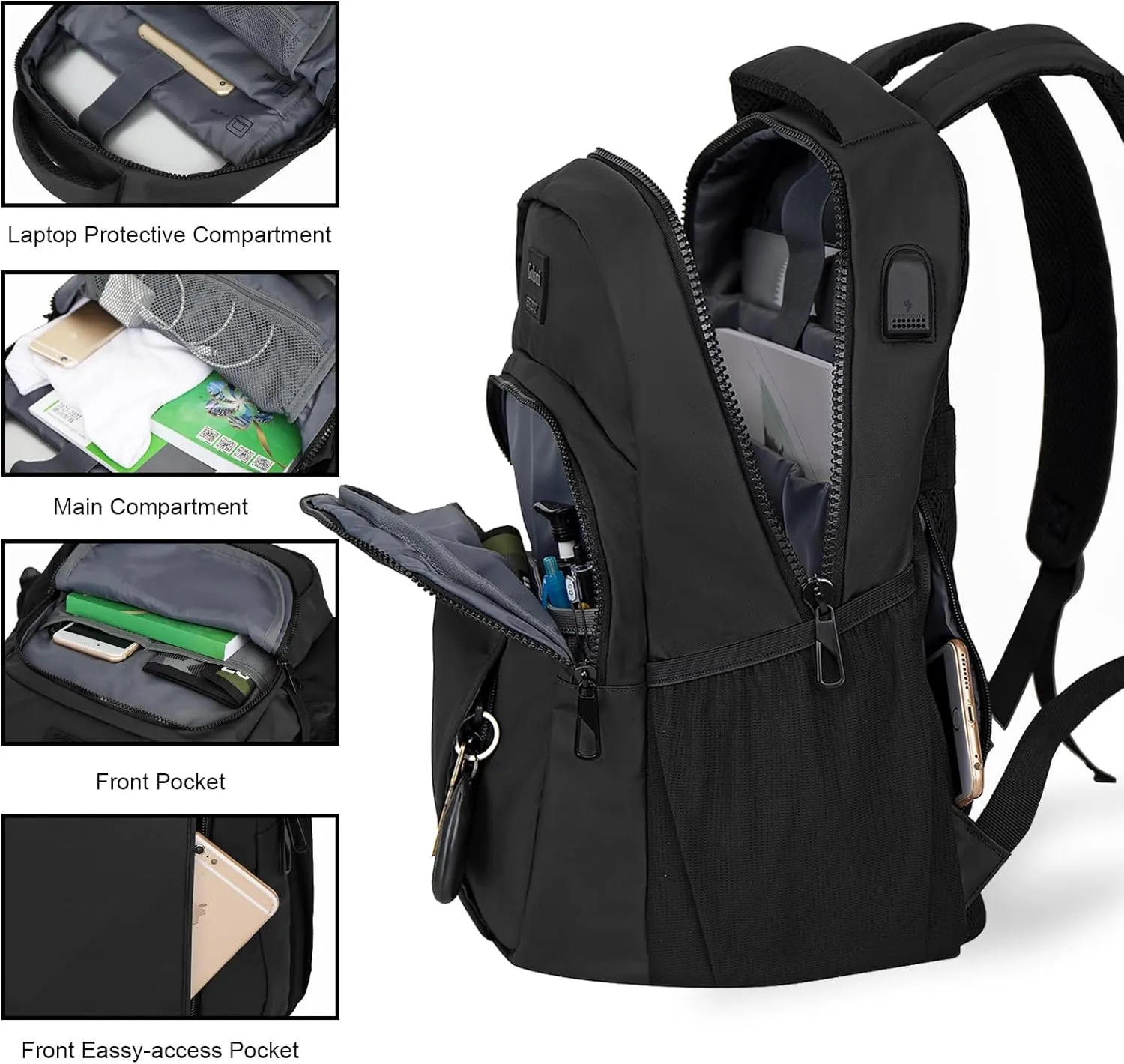 Goloni 15.6 Travel Laptop Backpack with USB Charging Port, Men Man Women Back Pack,Work,Casual College,High Schol Book Bag for Teens Lightweight Waterproof Casual Notebook Bag,Black