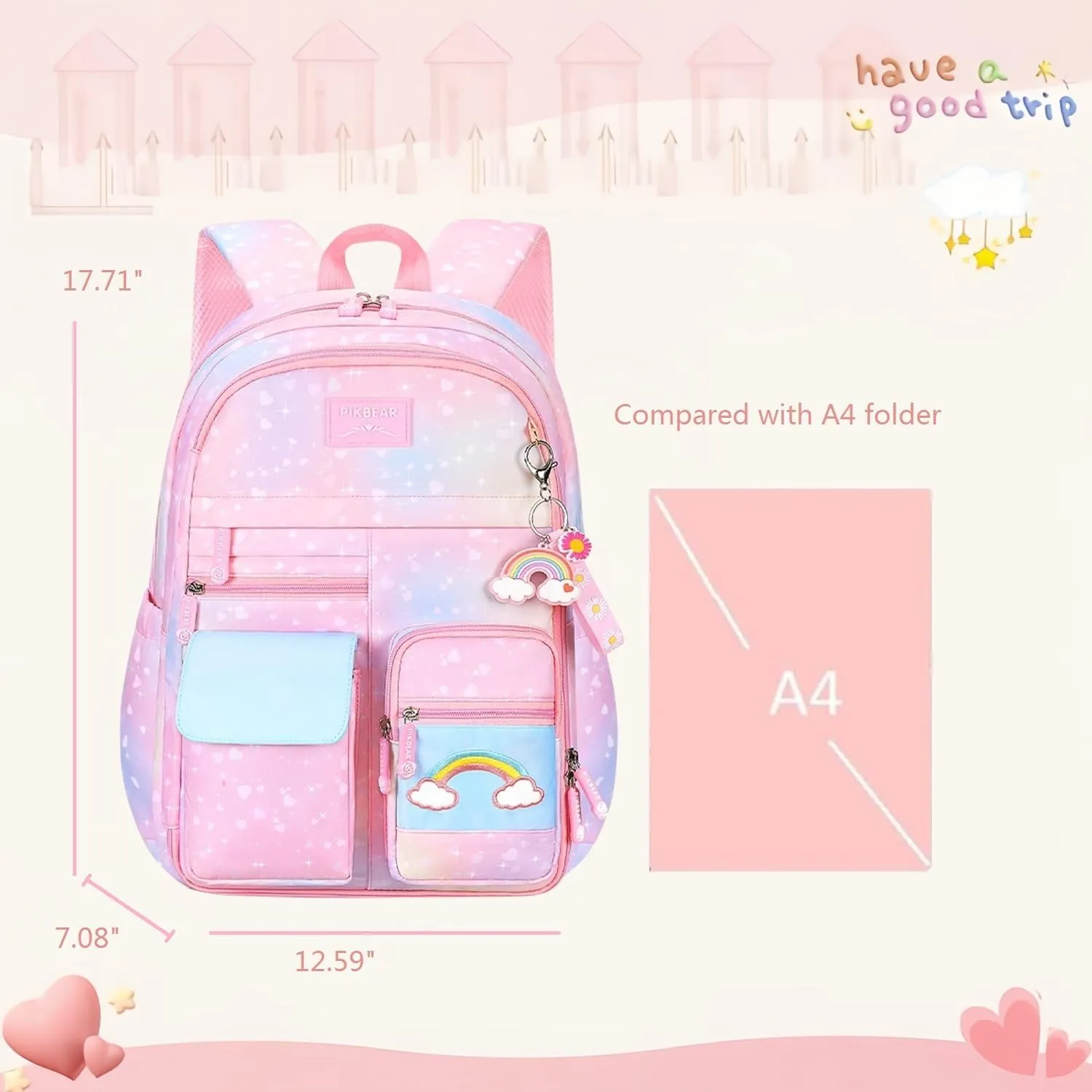 Gradient Rainbow Kids Backpack for Girls Elementary School Heart-Print Kids Bookbag School Bag with Compartments