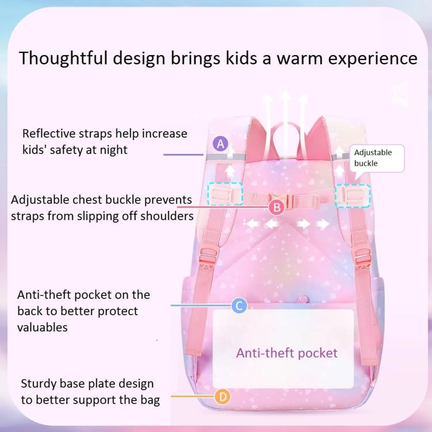 Gradient Rainbow Kids Backpack for Girls Elementary School Heart-Print Kids Bookbag School Bag with Compartments