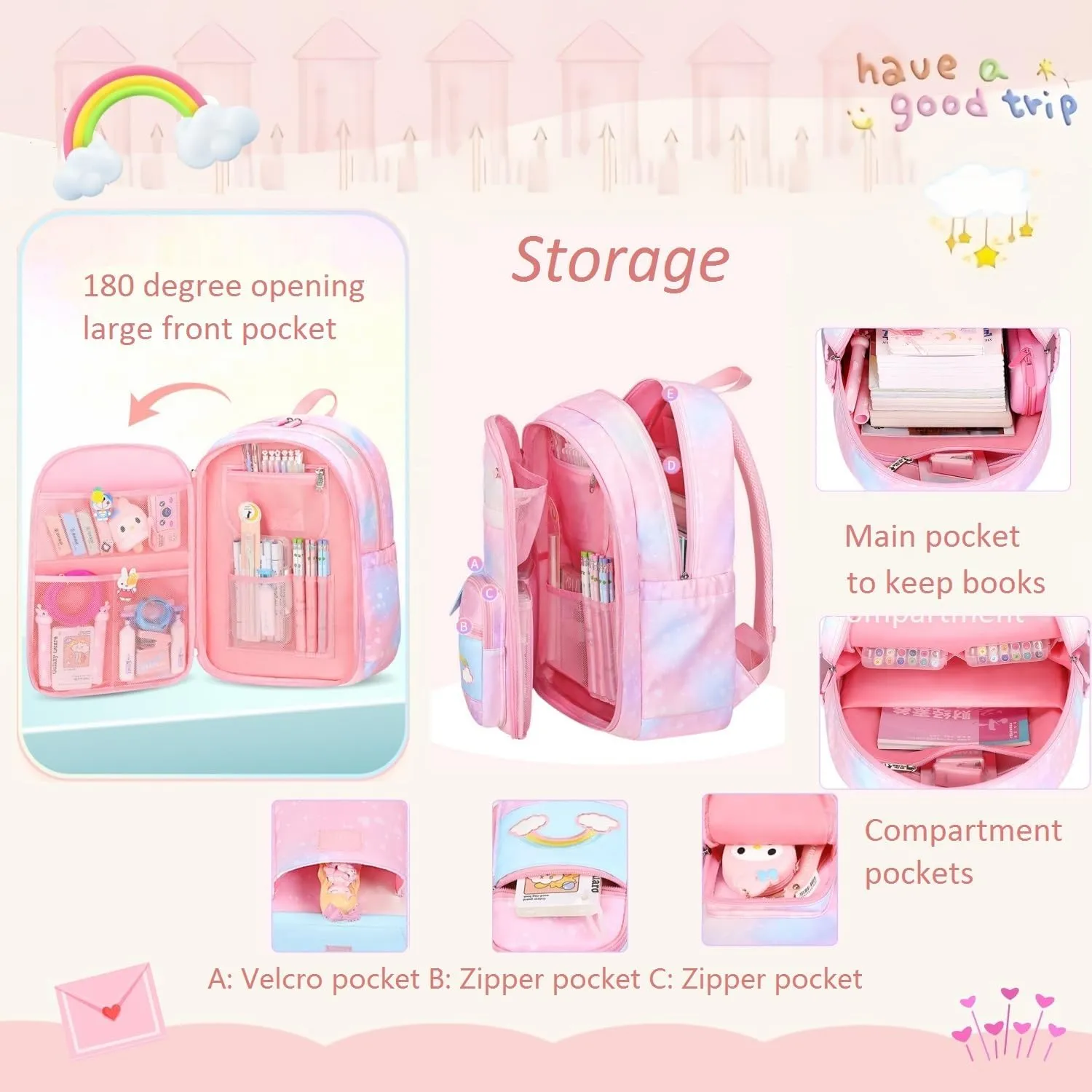 Gradient Rainbow Kids Backpack for Girls Elementary School Heart-Print Kids Bookbag School Bag with Compartments