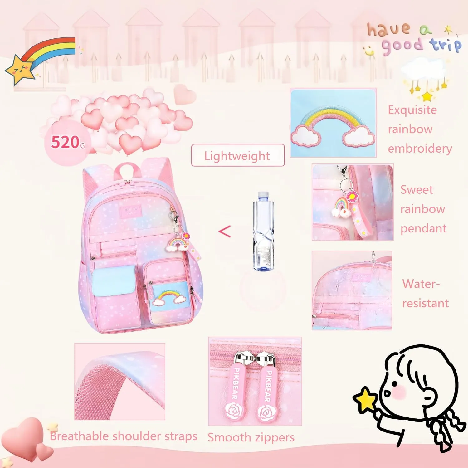 Gradient Rainbow Kids Backpack for Girls Elementary School Heart-Print Kids Bookbag School Bag with Compartments