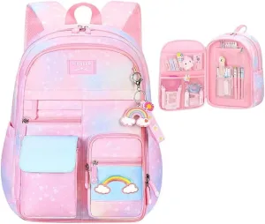 Gradient Rainbow Kids Backpack for Girls Elementary School Heart-Print Kids Bookbag School Bag with Compartments