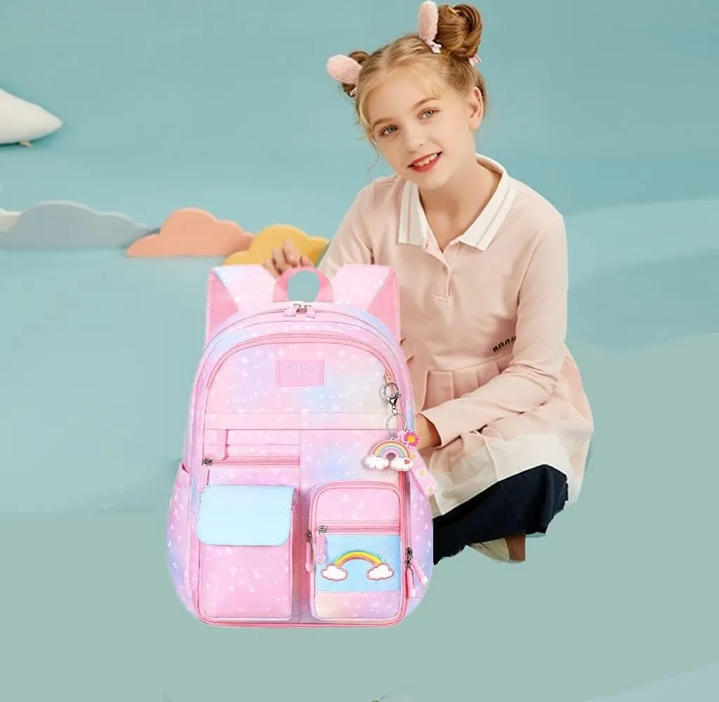 Gradient Rainbow Kids Backpack for Girls Elementary School Heart-Print Kids Bookbag School Bag with Compartments