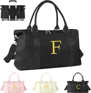Graduation Gifts for Girls Birthday Gift for Daughter, Initial Travel Duffel Bag for Teens Weekender Bag Carry On Tote Bag, Personalized Embroidered Letter Overnight Bag for Women(Letter F, Black)