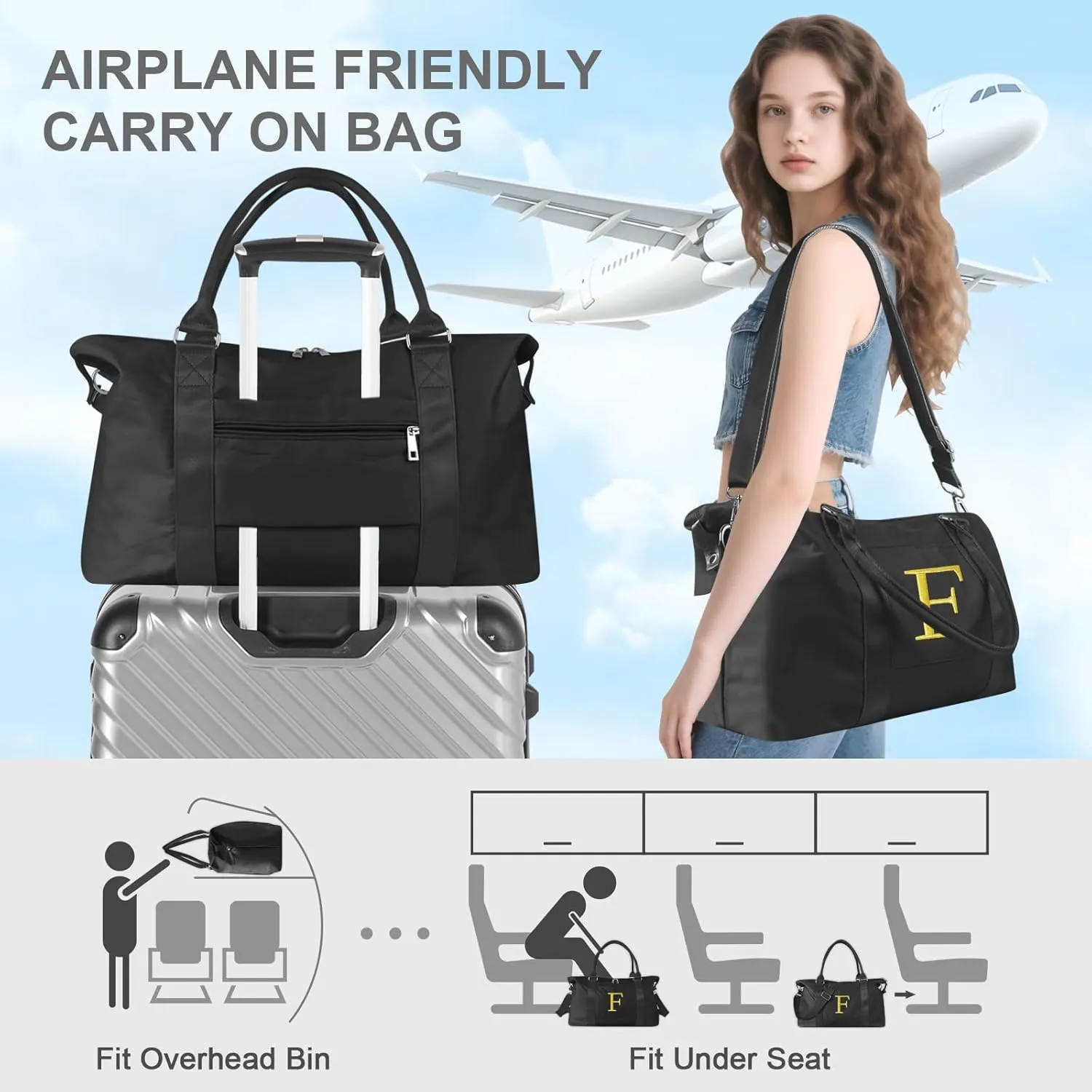 Graduation Gifts for Girls Birthday Gift for Daughter, Initial Travel Duffel Bag for Teens Weekender Bag Carry On Tote Bag, Personalized Embroidered Letter Overnight Bag for Women(Letter F, Black)