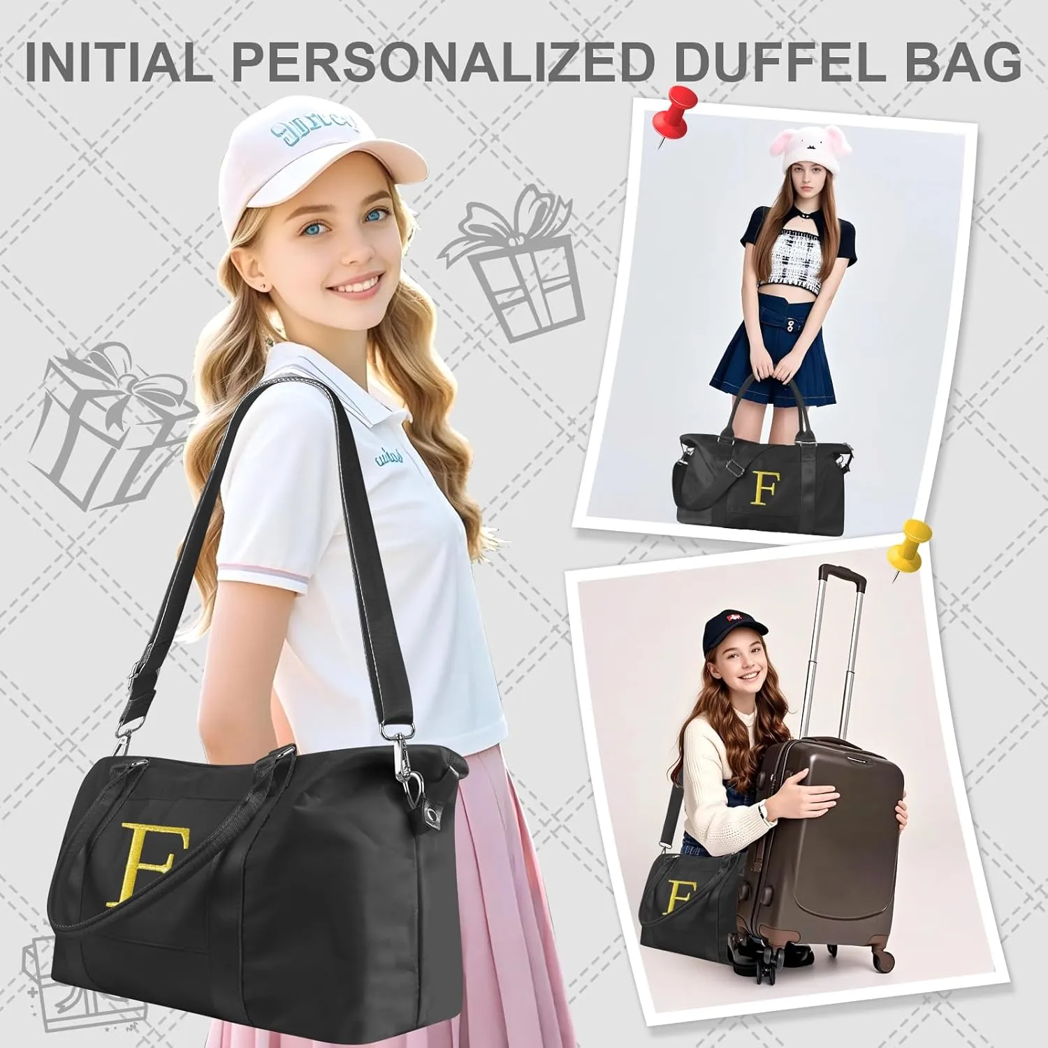 Graduation Gifts for Girls Birthday Gift for Daughter, Initial Travel Duffel Bag for Teens Weekender Bag Carry On Tote Bag, Personalized Embroidered Letter Overnight Bag for Women(Letter F, Black)