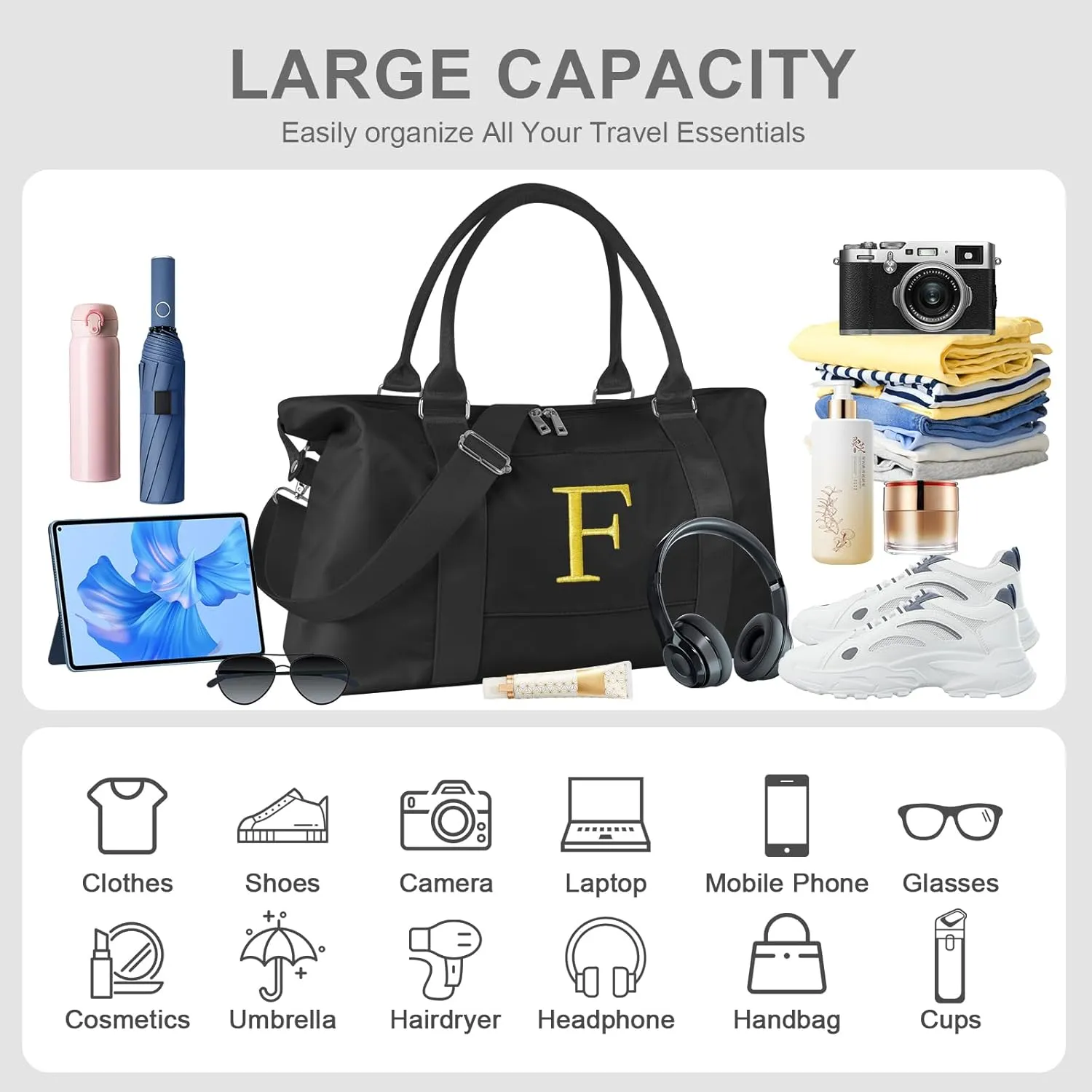 Graduation Gifts for Girls Birthday Gift for Daughter, Initial Travel Duffel Bag for Teens Weekender Bag Carry On Tote Bag, Personalized Embroidered Letter Overnight Bag for Women(Letter F, Black)