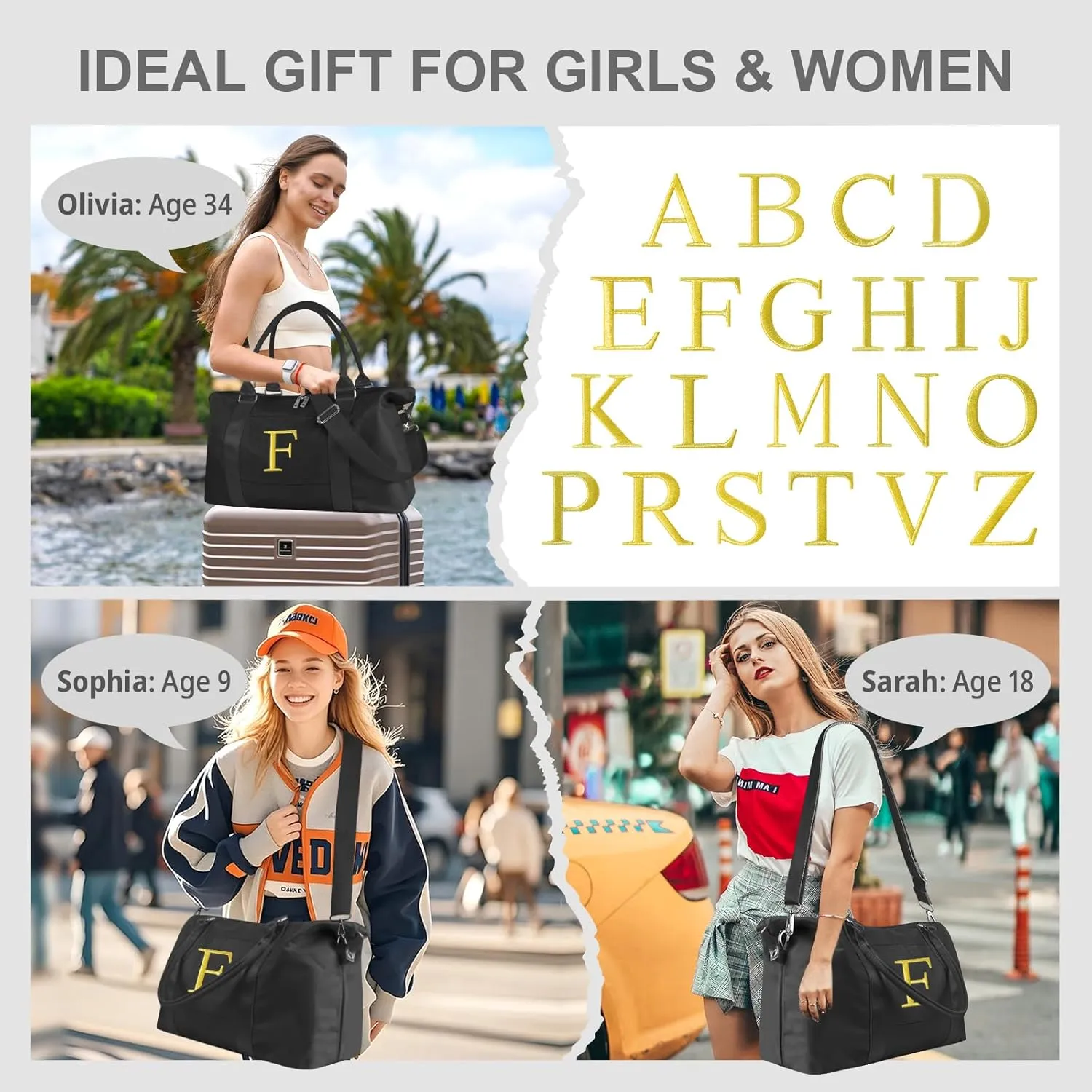 Graduation Gifts for Girls Birthday Gift for Daughter, Initial Travel Duffel Bag for Teens Weekender Bag Carry On Tote Bag, Personalized Embroidered Letter Overnight Bag for Women(Letter F, Black)