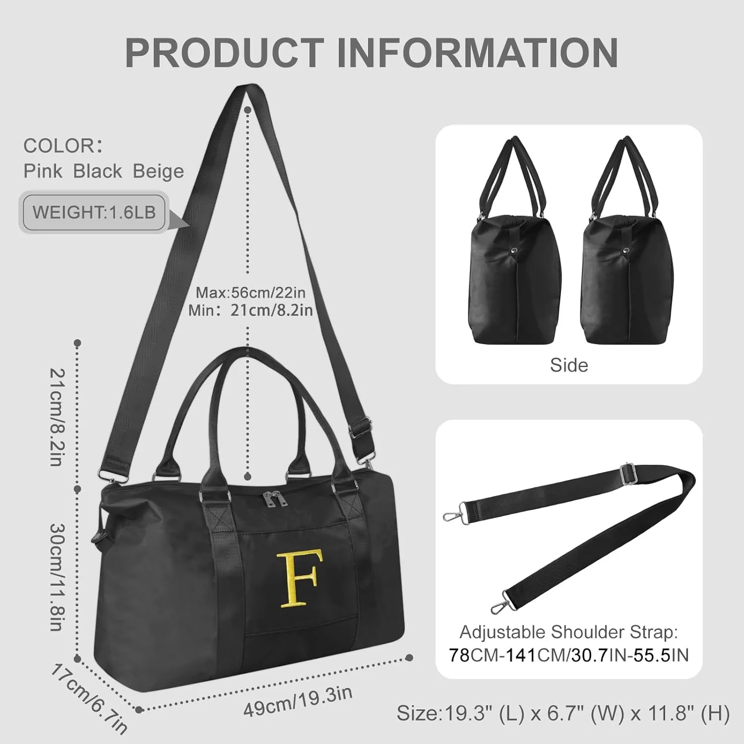 Graduation Gifts for Girls Birthday Gift for Daughter, Initial Travel Duffel Bag for Teens Weekender Bag Carry On Tote Bag, Personalized Embroidered Letter Overnight Bag for Women(Letter F, Black)