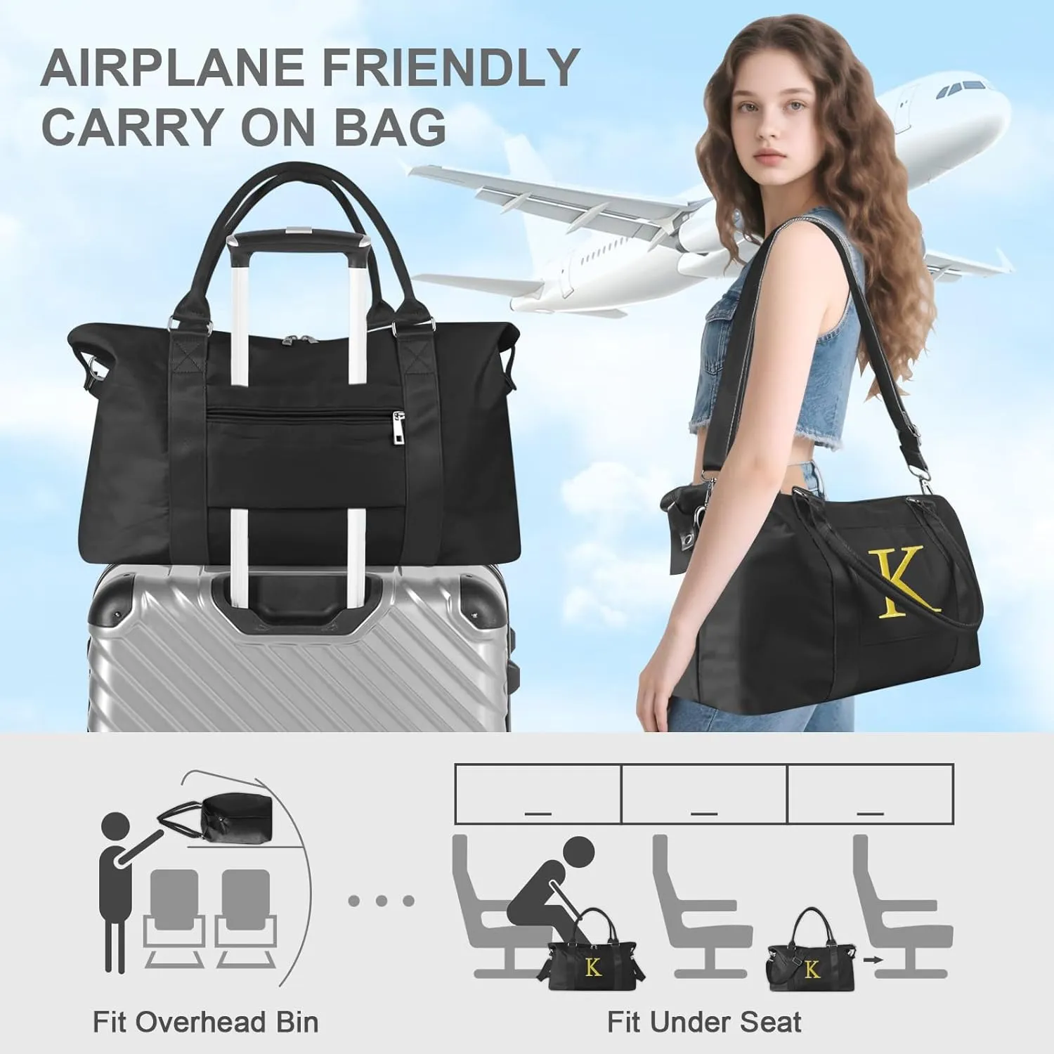 Graduation Gifts for Girls Birthday Gift for Daughter, Initial Travel Duffel Bag for Teens Weekender Bag Carry On Tote Bag, Personalized Embroidered Letter Overnight Bag for Women(Letter K, Black)