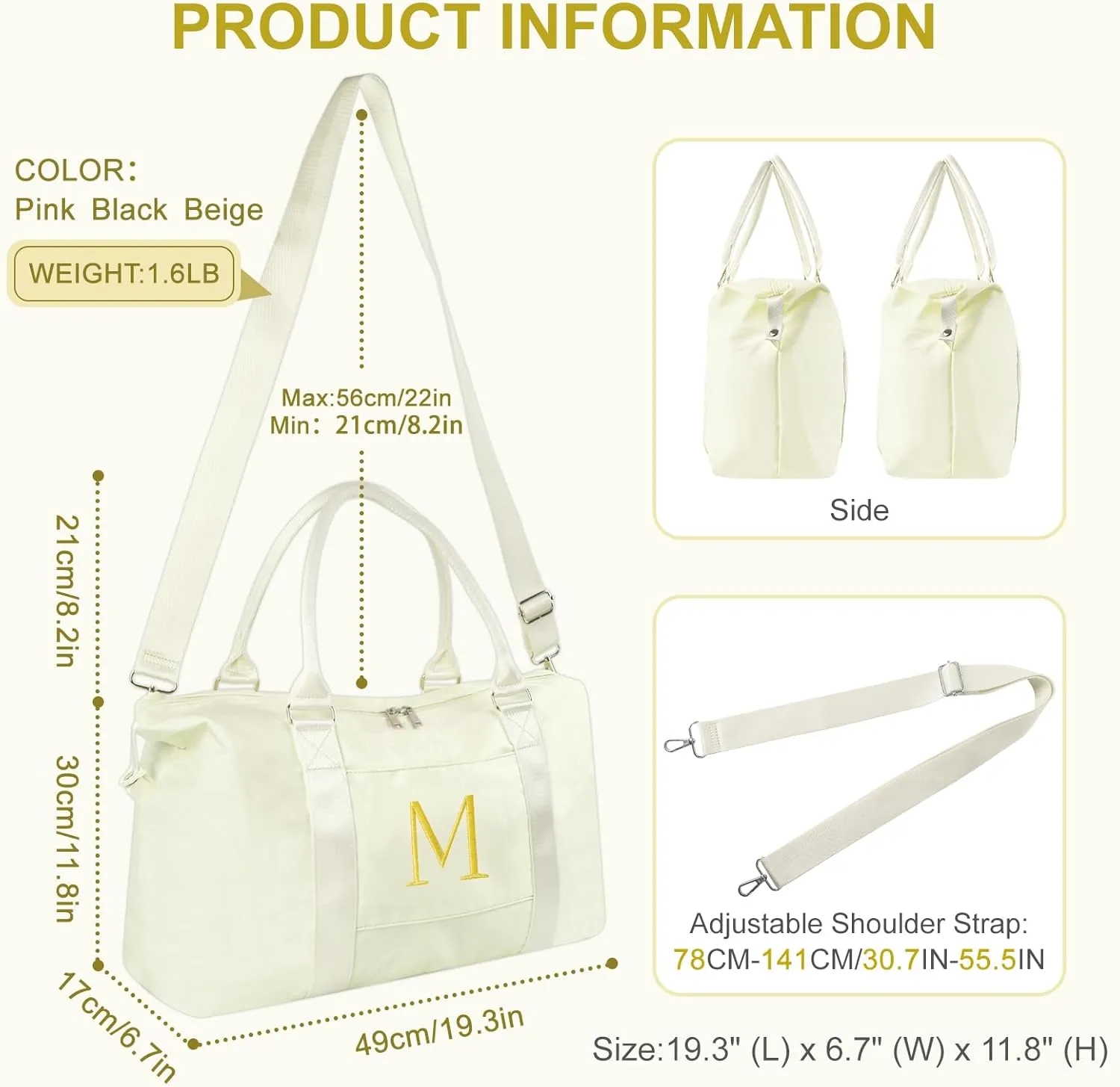 Graduation Gifts for Girls Birthday Gift for Daughter, Initial Travel Duffel Bag for Teens Weekender Bag Carry On Tote Bag, Personalized Embroidered Letter Overnight Bag for Women(Letter M, Beige)