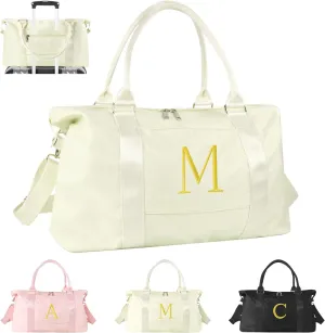 Graduation Gifts for Girls Birthday Gift for Daughter, Initial Travel Duffel Bag for Teens Weekender Bag Carry On Tote Bag, Personalized Embroidered Letter Overnight Bag for Women(Letter M, Beige)