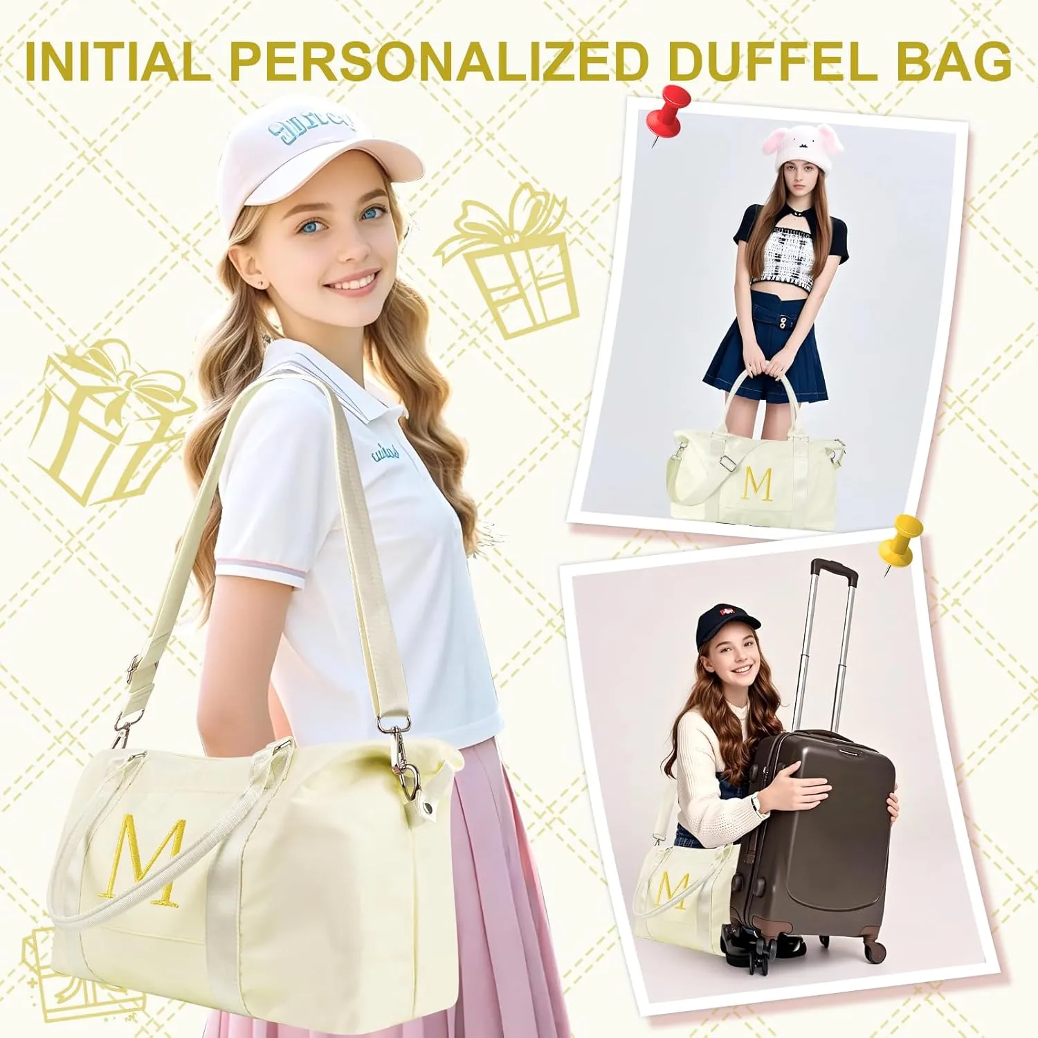 Graduation Gifts for Girls Birthday Gift for Daughter, Initial Travel Duffel Bag for Teens Weekender Bag Carry On Tote Bag, Personalized Embroidered Letter Overnight Bag for Women(Letter M, Beige)