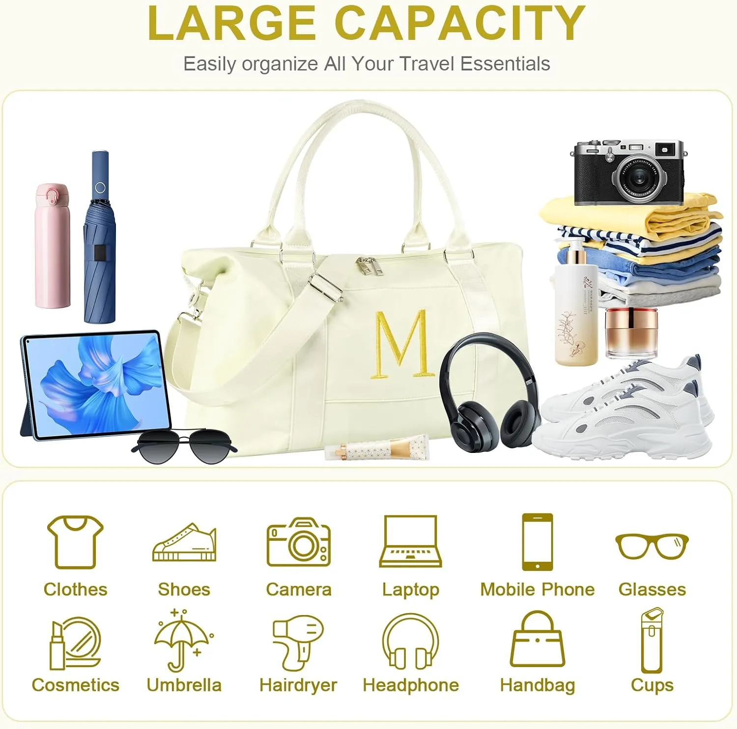 Graduation Gifts for Girls Birthday Gift for Daughter, Initial Travel Duffel Bag for Teens Weekender Bag Carry On Tote Bag, Personalized Embroidered Letter Overnight Bag for Women(Letter M, Beige)