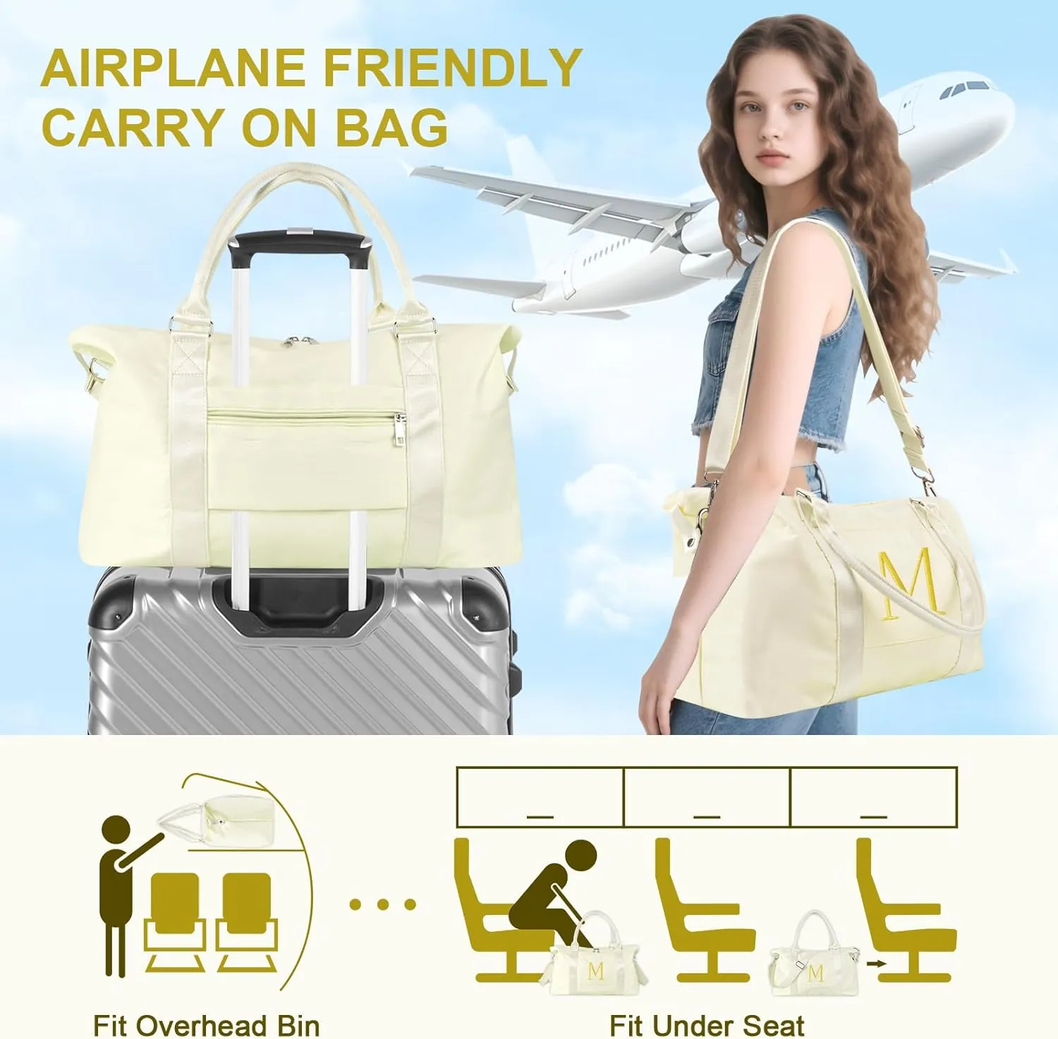 Graduation Gifts for Girls Birthday Gift for Daughter, Initial Travel Duffel Bag for Teens Weekender Bag Carry On Tote Bag, Personalized Embroidered Letter Overnight Bag for Women(Letter M, Beige)