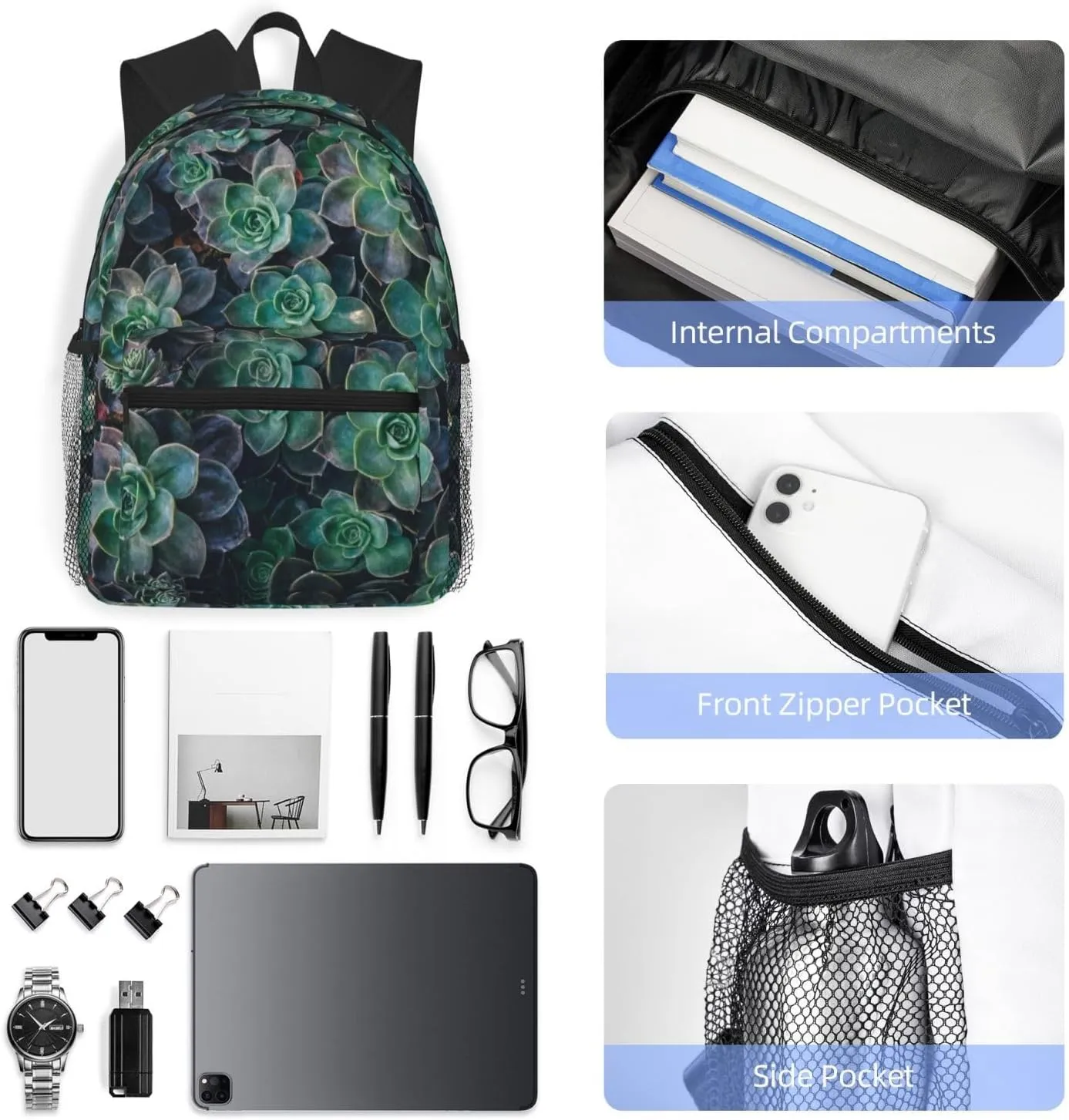 Green Succulent Fashion Backpack,Casual Daypack Backpacks For Men Women, Laptop Bag Travel Hiking Camping