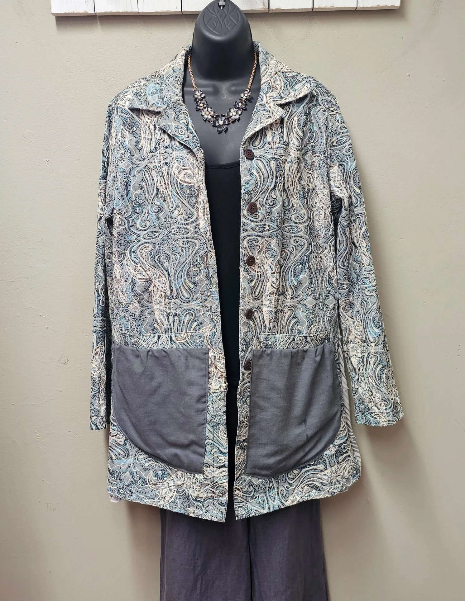 Grey Paisley Texture Mid-length Cardigan/Jacket Seams by Sarah