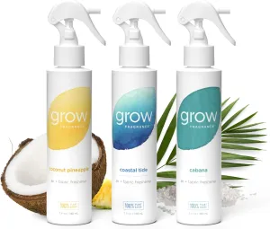 Grow Fragrance Summer 3-Pack – Non-Toxic Air Freshener Spray – Cabana, Coconut Pineapple & Coastal Tide – 100% Plant-Based Essential Oils – Safe for Home, Car & Linens – 5 oz Each
