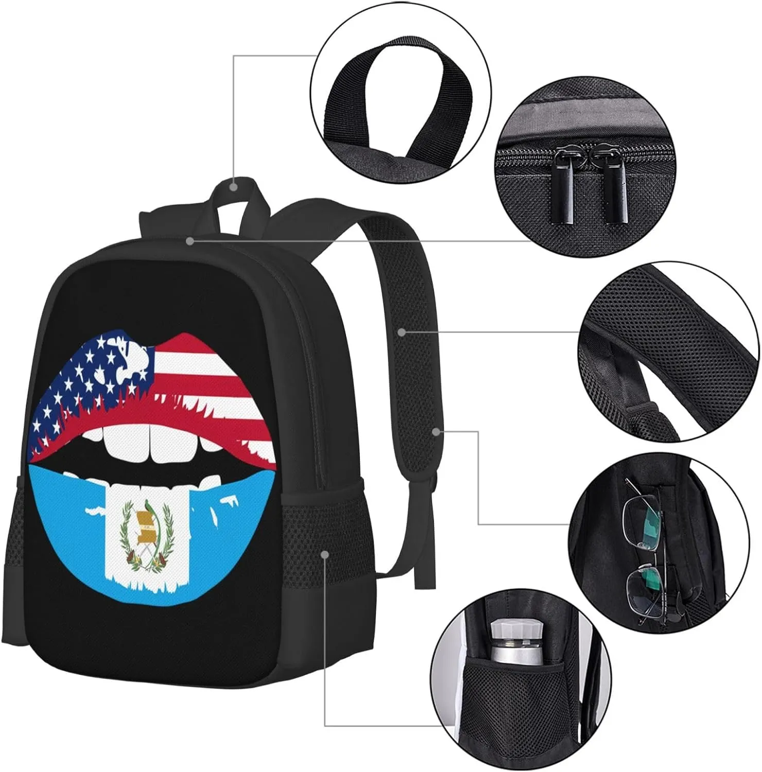 Guatemala Guatemalan Flag Lips Travel Backpack Casual Backpacks 15 Inch Laptop Back Pack Lightweight Rucksack Outdoor Sport Daypack Large Bags for Working Camping Hiking