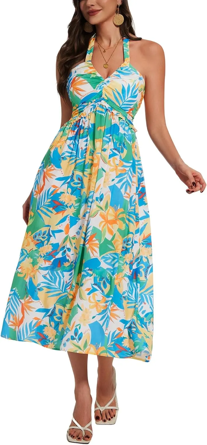 GUBERRY Women's Summer Sundresses with Pockets Halter Neck Smocked Sleeveless Flowy Beach Maxi Dress