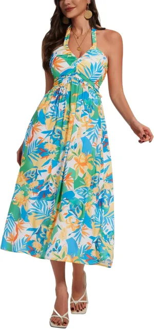 GUBERRY Women's Summer Sundresses with Pockets Halter Neck Smocked Sleeveless Flowy Beach Maxi Dress