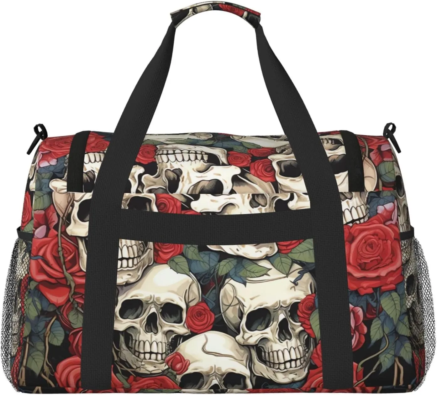 Gym Bag Cool Skull head and Roses Duffel Bag for Men Women Travel Overnight Bag with Shoe Compartment Workout Bags