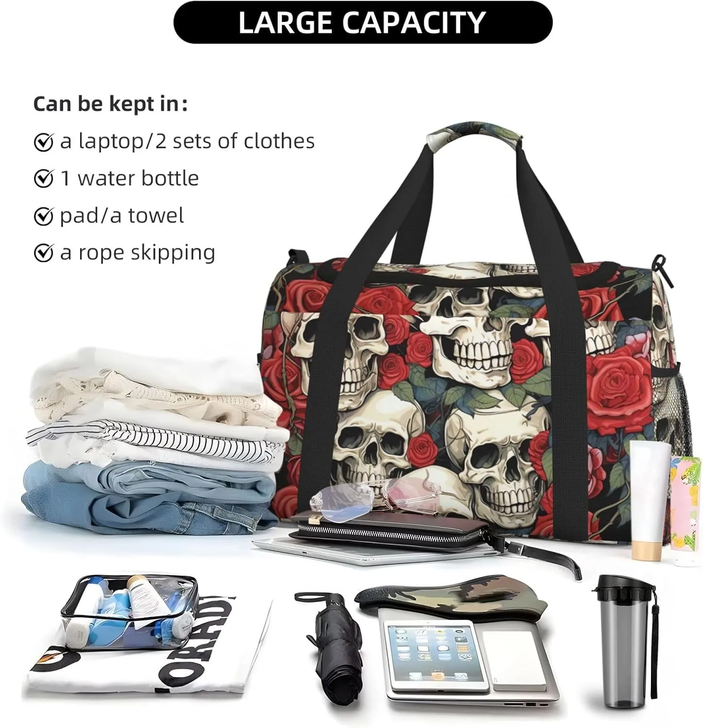 Gym Bag Cool Skull head and Roses Duffel Bag for Men Women Travel Overnight Bag with Shoe Compartment Workout Bags