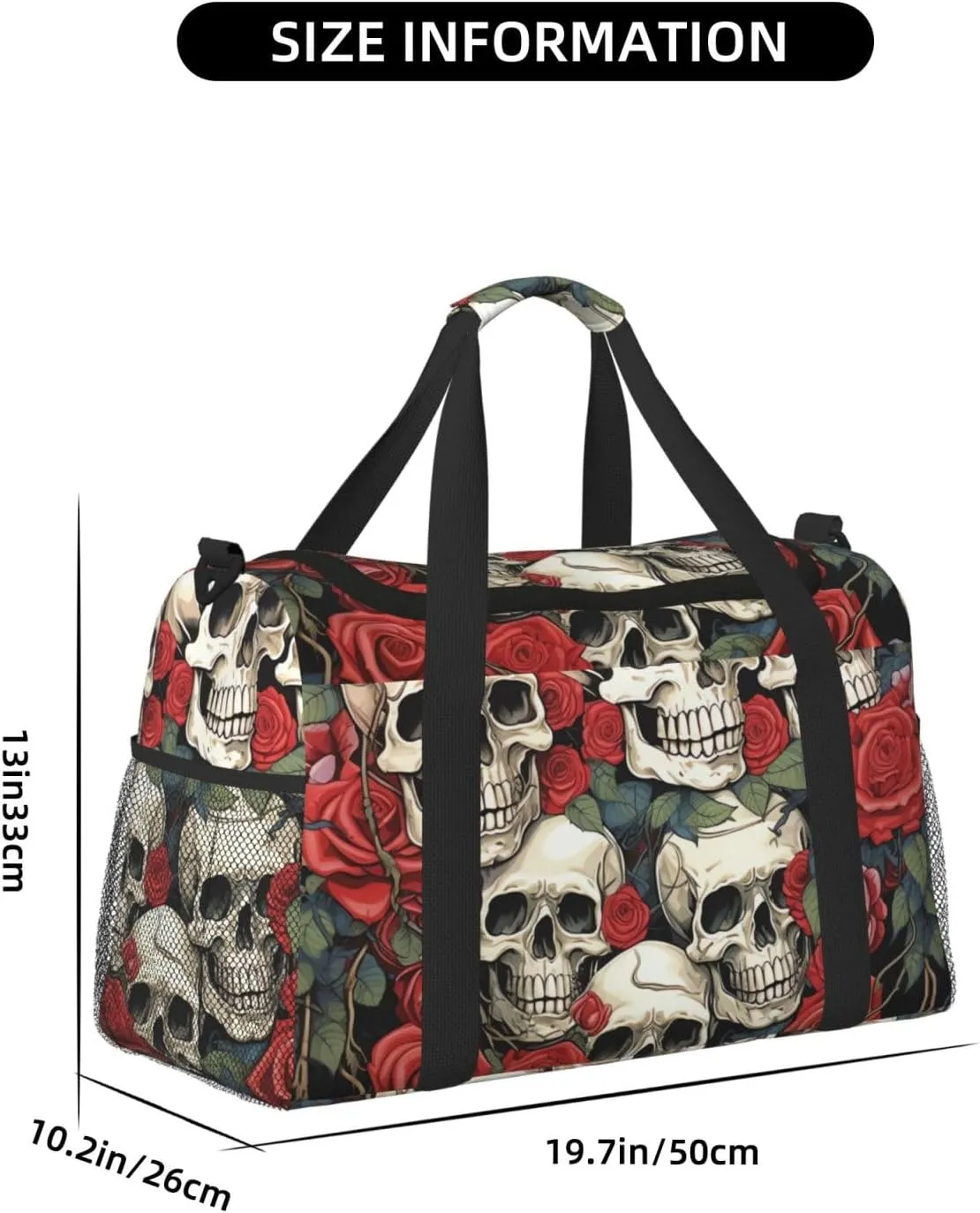 Gym Bag Cool Skull head and Roses Duffel Bag for Men Women Travel Overnight Bag with Shoe Compartment Workout Bags