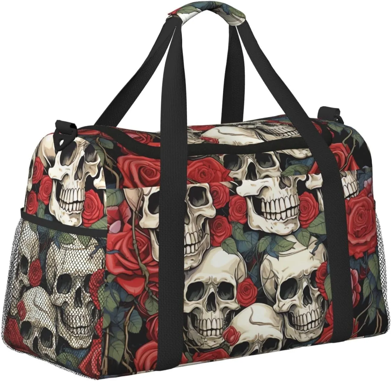 Gym Bag Cool Skull head and Roses Duffel Bag for Men Women Travel Overnight Bag with Shoe Compartment Workout Bags